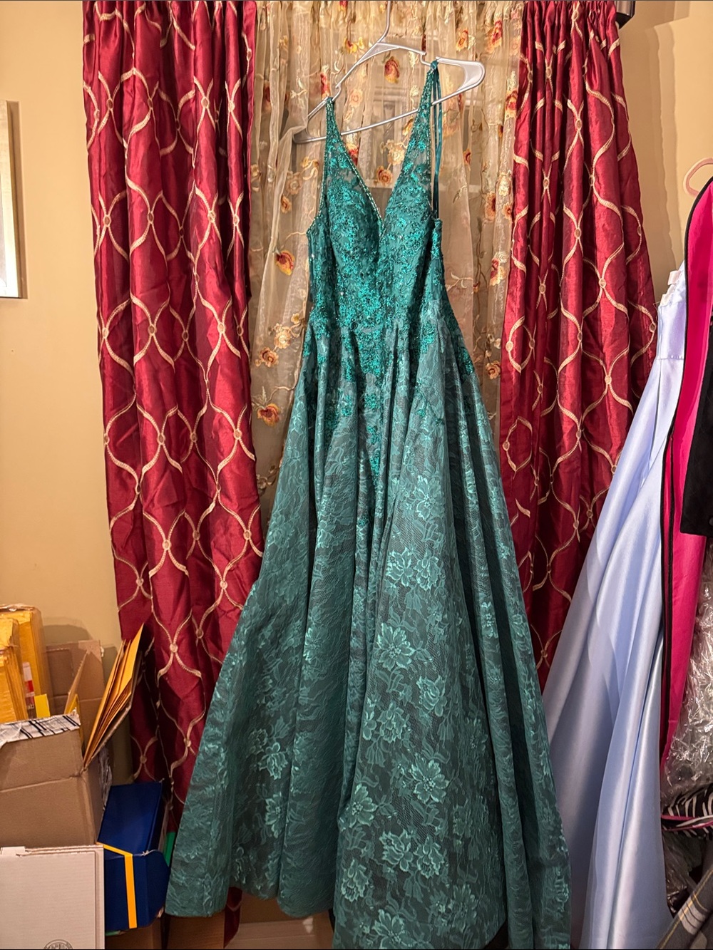 Emerald Green Floral Lace Ball Gown